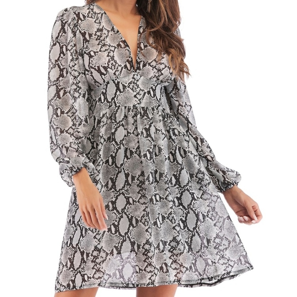 Snakeskin Long Sleeve Plunge Dress